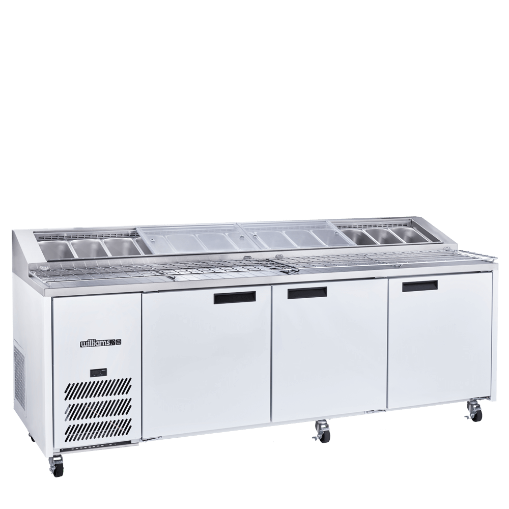 Jade Pizza - Three Door White Colorbond Pizza Prep Counter Refrigerator With Blown Air Well